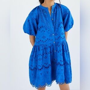Anthropologie Tallulah Eyelet Lace Mini Dress Puff Sleeves Blue M 1238